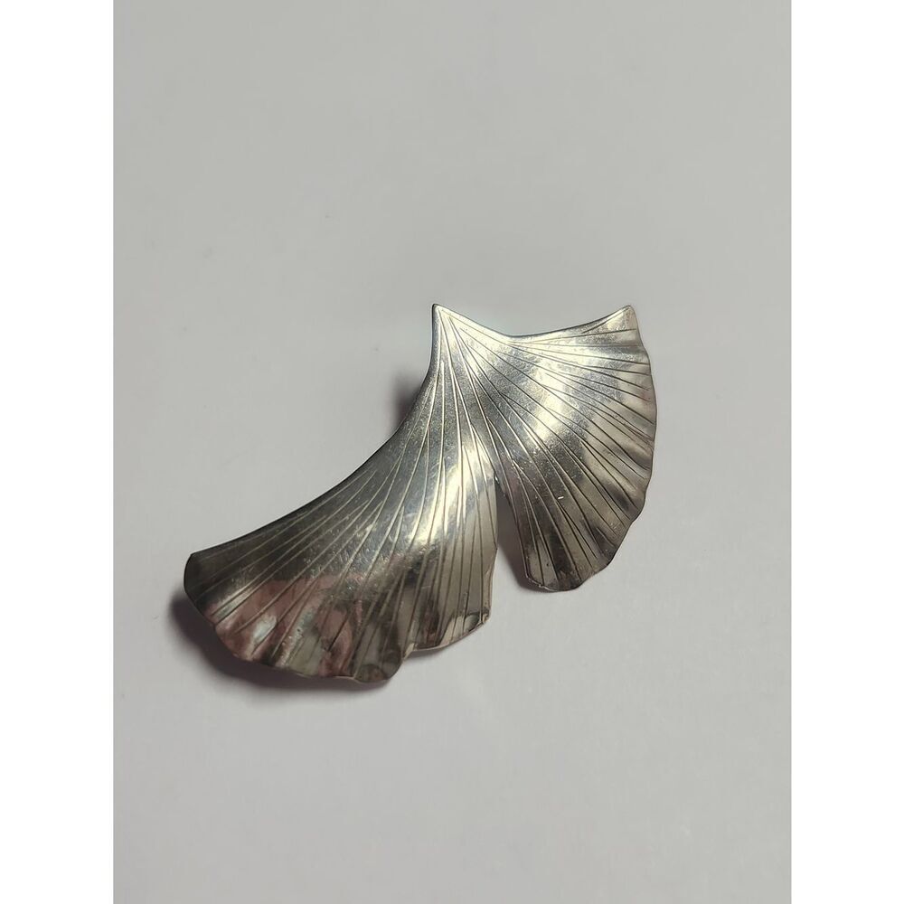 Sterling Silver Ginkgo Leaf Brooch Pendant- Sculpted Fan Design Signed